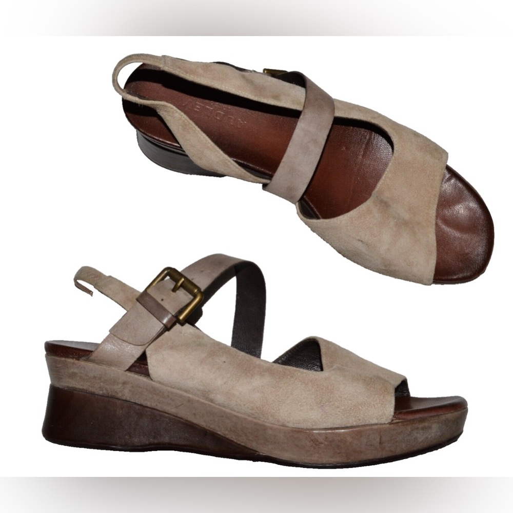 AUDLEY SZ 5.5 M 36 GRAY SUEDE LEATHER SLINGBACK LOW WEDGE HEEL PLATFORM SANDALS